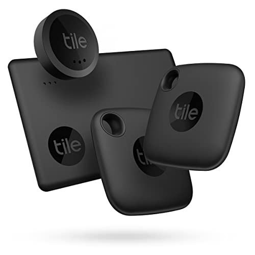 Tile Essentials (2022), buscador de objetos Bluetooth, Pack de 4 (2 Mates, 1 Slim, 1 Sticker), compatible con Alexa y Google Smart Home, iOS y Android, Busca llaves, carteras, mandos a distancia y más