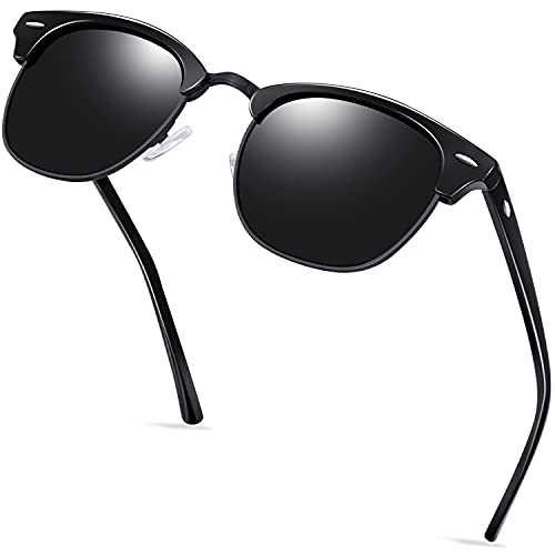 KANASTAL Gafas de Sol Hombre Polarizadas Gafas Sol Mujer Negras Medio Marco Clásico Retro Vintage Protección UV400 - Negro Brillante