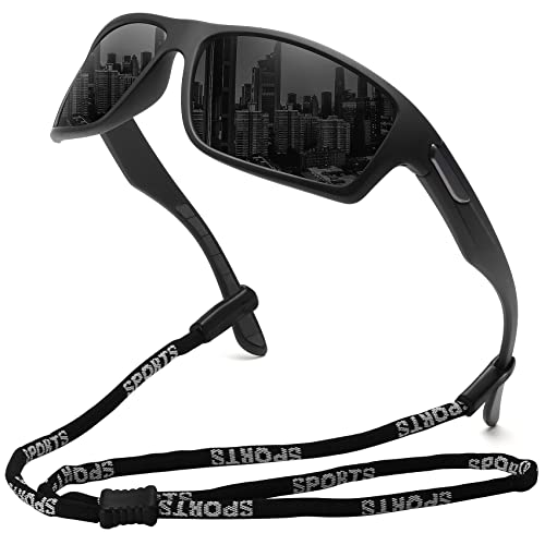 MEETSUN Gafas de sol deportivas polarizadas, conducción, ciclismo, gafas de sol de pesca, protección 100% UV400 para Unisex Adulto Montura Negro-Lente Gris Estándar