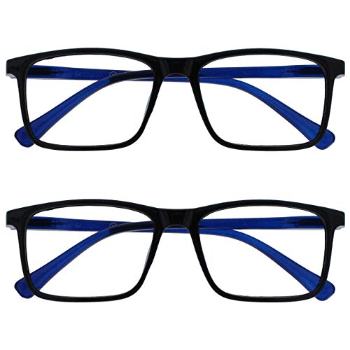 Opulize Ink Gafas de Lectura Pack de 2 Montura Grande Cuadrada Frente Negro Varillas Azules Bisagras con Muelle Resistente a los Arañazos Unisex RR4-1 +1.50