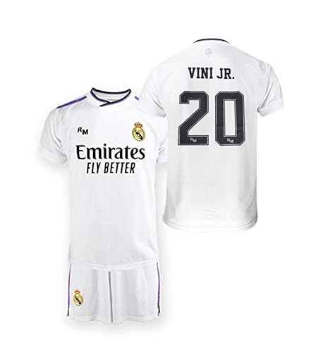 Real Madrid Conjunto niño Camiseta y Pantalón REPLICA 1ª EQ. Temporada 2022-23 - Producto con Licencia - Dorsal 20 VINI JR. - Niño talla 8 años