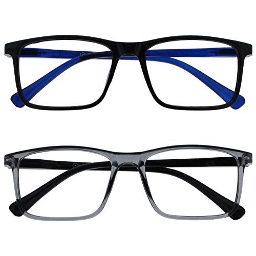 OPULIZE Ink Gafas de Lectura Pack de 2 Montura Grande Cuadrada Negra Azul Gris Transparente Bisagras con Muelle Resistente a los Arañazos Unisex RR4-17 +1.00