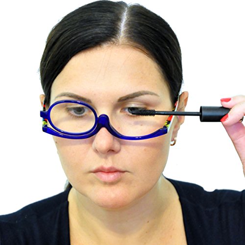 Mini Brille Gafas de Maquillaje, Gafas Para Maquillarse con Lente Abatible,Gafas con Lente que Gira Para Ayudarte con el Maquillaje con Funda Gratuita, Dioptrías +3.0 (Azul)
